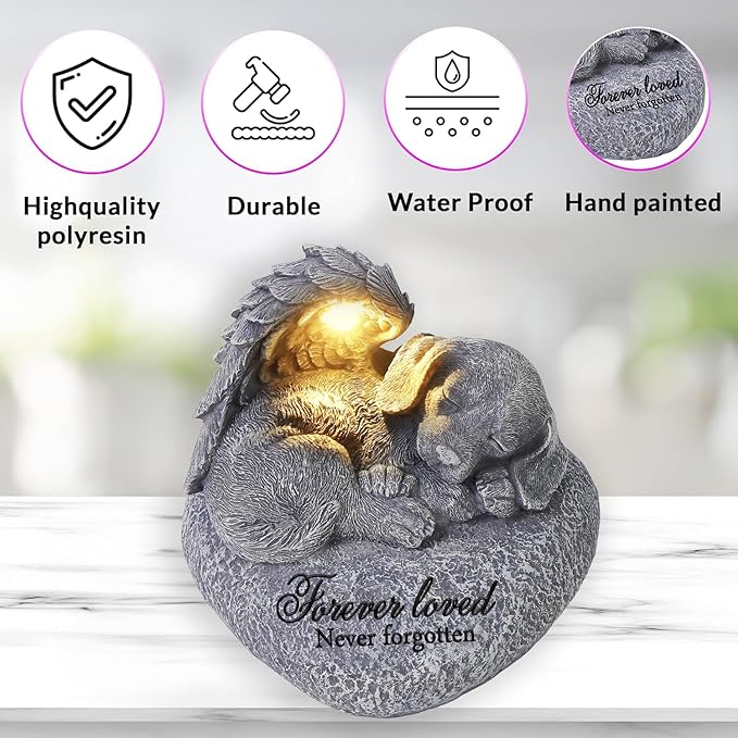 Pet Memorial Gifts for Dogs,Hand-Sculpted Resin Pet Loss Sympathy Gift with LED Light, Pet Angel Sleeping Dog Memorial Stone Statue Pet Headstone Grave Markes for Loss Dog Sympathy Gift