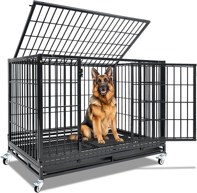 Homey Pet Heavy Duty Dog Crates for Large Dogs, 47 Inch Stackable Large Dog Crate Cage with 4 Wheels, 2 Removable Trays and Grids, 2 Bowls, Multi Locks Strong & Solid Escape Proof Dogs Kennel Indoor