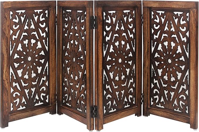 Wooden Foldable Dog Safety Gate - 4 Panels 13" W x 25" H - Hand Carved Solid Wood MDF Puppy Pet Gate - Free Standing Portable Indoor Doorway Stairs Safety Fence - Assembled - Antique Brown - IRONGATE