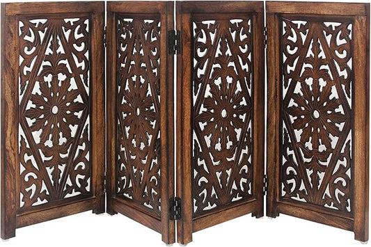 Wooden Foldable Dog Safety Gate - 4 Panels 13" W x 25" H - Hand Carved Solid Wood MDF Puppy Pet Gate - Free Standing Portable Indoor Doorway Stairs Safety Fence - Assembled - Antique Brown - IRONGATE