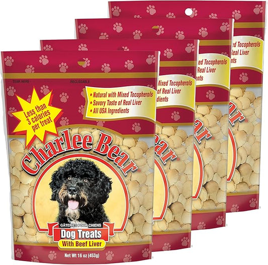 Charlee Bear Original Crunch Dog Training Treats, Beef Liver Flavor, 3 Calories Each, Low Calorie Natural Rewards for Puppies to Adult Dogs, Made in USA, 16 oz (4-Pack)