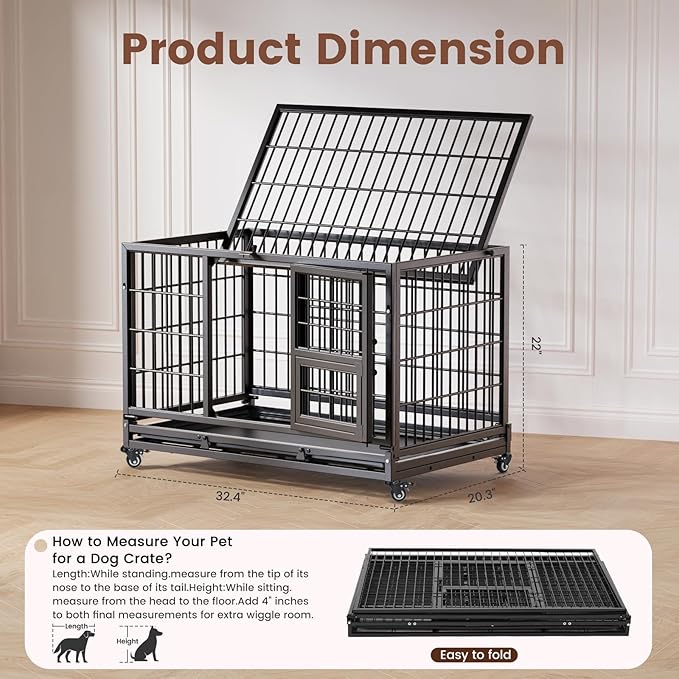 Gardner Pet 32 inch Stackable Heavy Duty Dog Crate,Indestructible Escape-Proof Dog Kennel for Small Dogs,High Anxiety Dog Cage with Upgraded Lockable Wheels，Removable Tray & Triple Door,Black