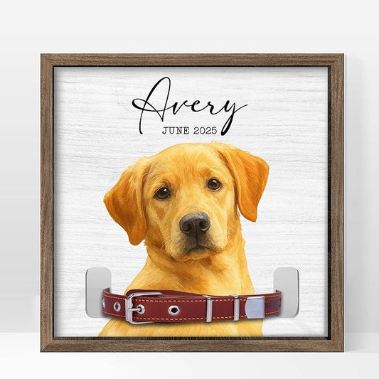 Dog Collar Memorial Frame with Custom Pet Portrait – Minimalist Pet Loss Picture Frame with Name and Date – Personalized Dog Memorial Gift with Collar Holder
