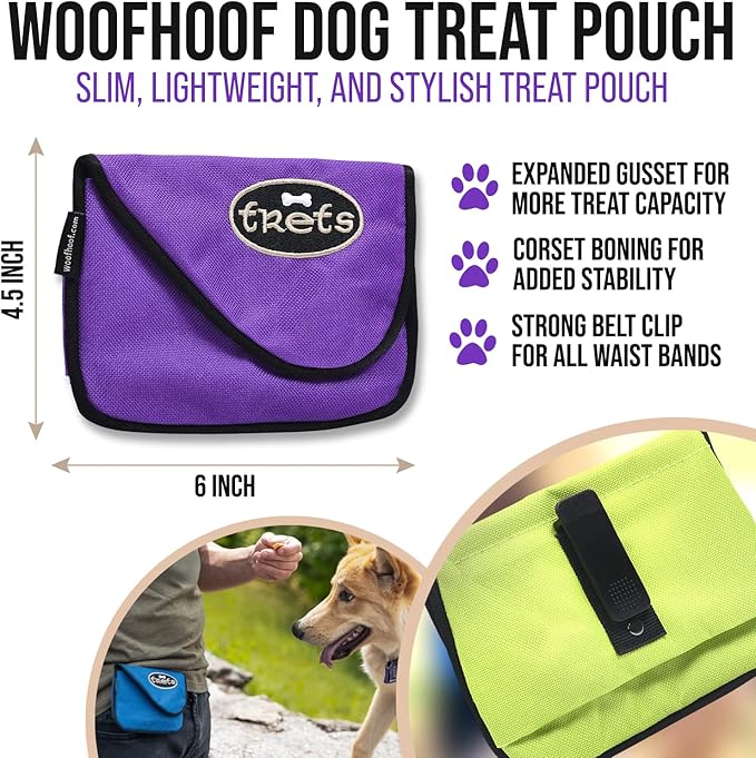 Woofhoof Dog Treat Pouch, Purple Training Treat Pouch - Clip On Dog Treat Holder, Innovative No Spill Design, Magnetic Flap, Expandable Gusset, Made of Durable Nylon, Machine Washable