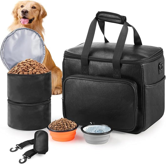 Dog Travel Bag, Leather Travel Pet Bag Set for Dog and Cat, Airline Approved Tote Organizer with Multi-Function Pockets, 2 Food Storage Containers, 2 Collapsible Bowls