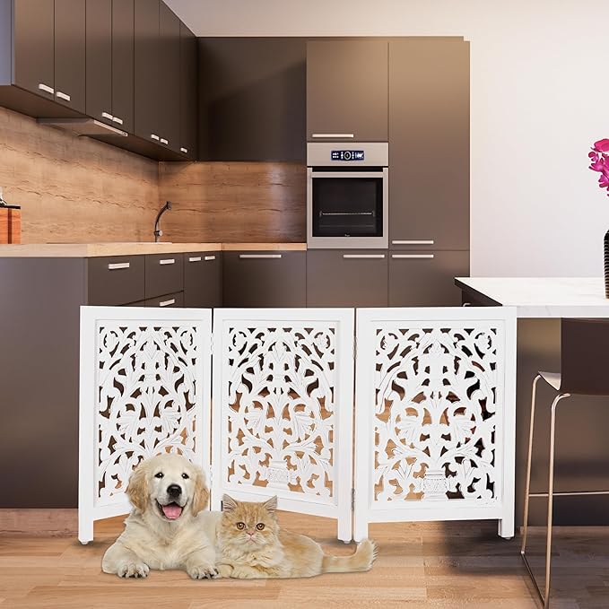 Decorative Wooden Pet Gate, Dog Fence, Cat Gate, Foldable, Adjustable, Portable, Extra-Wide, Wooden Dog Barrier, Free-Standing Puppy Gate 3 Panels for Indoor, Doorways, Stairs-24x54 Inch Antique White