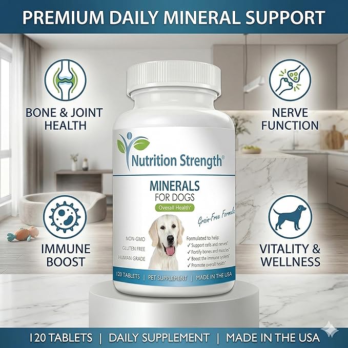Dog Minerals & Electrolytes - Essential Raw Diet Balancer & Senior Dog Vitality Support - Calcium, Magnesium, Zinc, Iron & Selenium for Bone, Muscle & Nerve Health - 120 Tablets