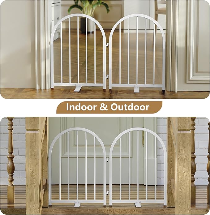Full Metal Dog Gate for Indoor Outdoor, 24" Tall Free Standing Pet Dog Fence, 36" Wide Arched Pet Gates for Stairs, Hallways, Doorways, Kitchen, Decks, Yards (White, 2 Panels)