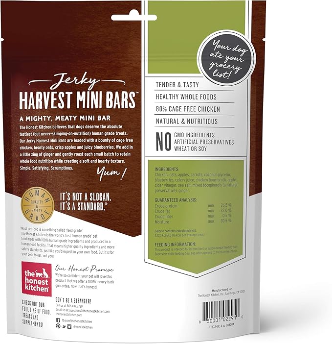 The Honest Kitchen Human Grade Dog Treats Jerky Harvest Mini Bars: Chicken Recipe With Apples & Blueberries, 4 oz Bag