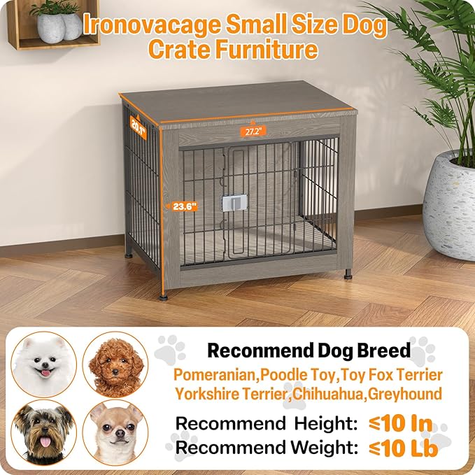 Furniture Style Dog Crate, 27" Wooden Dog Kennel End Table with Solid Top, Indoor Pet Crate House with Secure Slide Lock, Modern Dog Cage Furniture for Small & Medium Dogs, Greige
