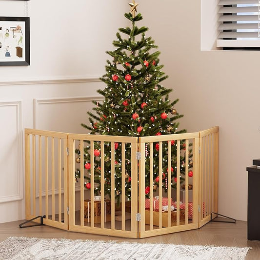 Dog Gate, Freestanding Dog Gates for Doorways, Indoor,Foldable Pet Gates for Doorways Bedroom, Puppy Gate with Metal Support Feet, Room Dividerr 4 Panels (Natural)