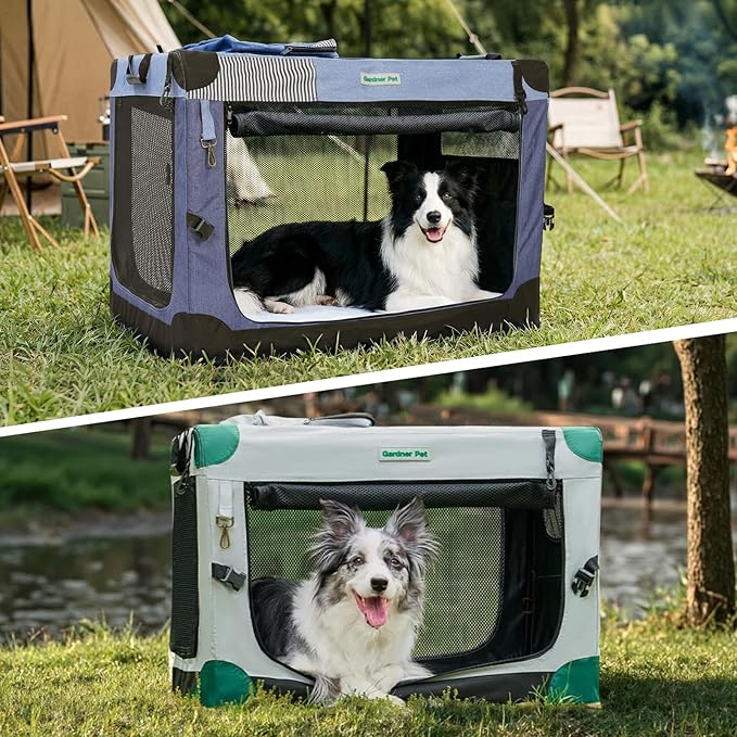Gardner Pet Soft Collapsible Dog Crate - 26 Inch Portable Travel Dog Crate for Puppy/Small Dogs Indoor & Outdoor, 3-Door Pet Crate with Durable Mesh Windows & Storage Bag, Blue