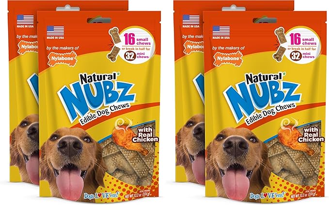 Nylabone Nubz Natural Dog Chew Treats,Chicken Flavor Pet Dental Chews for Small Dogs,Longer-Lasting Dog Bones Made in USA - Up to 30 lbs.,16 Count (Pack of 4)