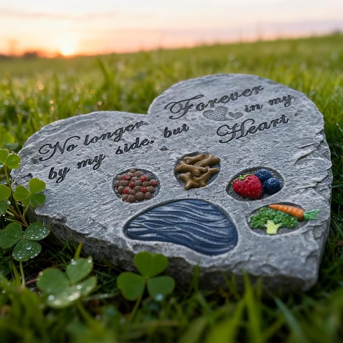 Heart Shaped Dog Memorial Garden Stone with Paw Print & Treats & Food - Sympathy Gift for Loss of Pet Outdoor Grave Marker Remembrance Dog Passing Away