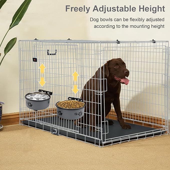 Stainless Steel Dog Crate Bowls Hanging No Spill 2 PCS - Adjustable Mountable Kennel Bowls for Medium/Large Dogs, Anti Spill Water & Food Bowl Set (Gray, M(5.5"+6.3"))