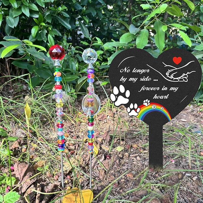 Andthen Dog Memorial Grave Stakes with 2 Memorial Plant Sticker - Metal Pets Lover Cemetery Markers Decorations for Humans Heart Plaques Decor for Outdoor Garden