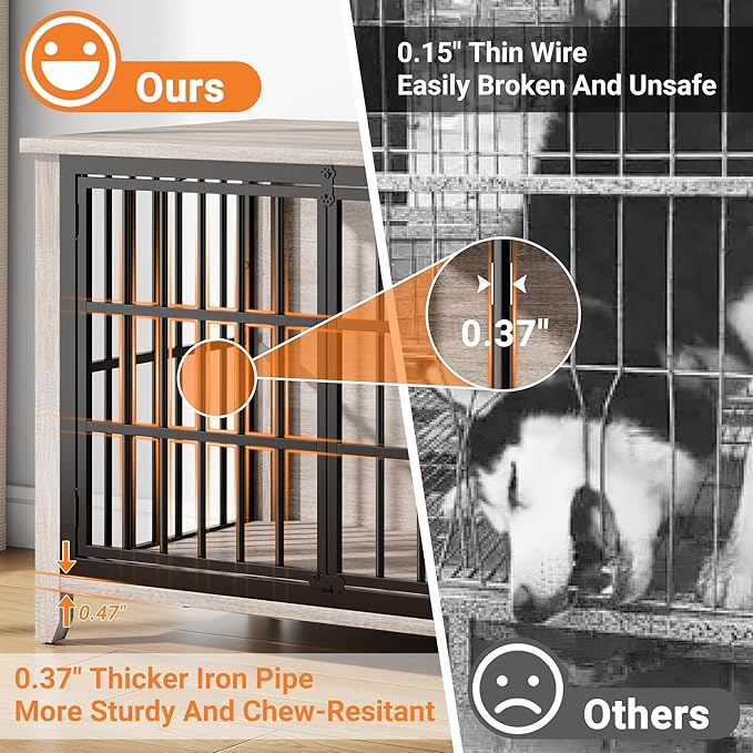37.7" Dog Crate Furniture, Wooden Dog Kennel Indoor with 360° Rotating Feeder and 2 Adjustable Bowls, Multi-Functional Decorative Side End Table Dog Cage for Medium Dogs, Grey