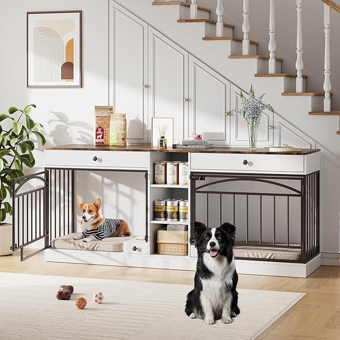 IDEALHOUSE 78.7" Double Dog Crate Furniture with Storage and 2 Doors, Dog Kennel Indoor with Feeding Bowls, Wood Dog Crate TV Stand for Small Medium Dogs, White