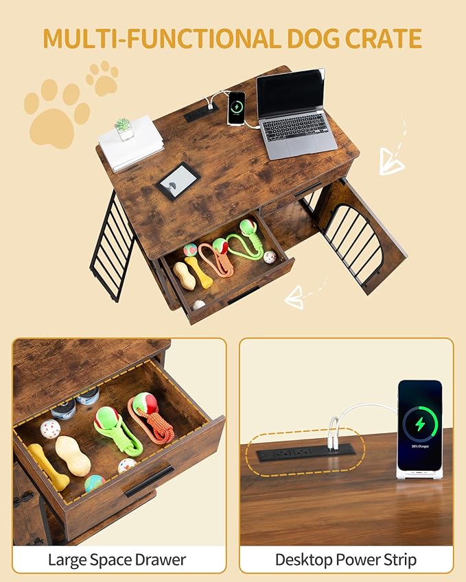 39.4'' Dog Crate Furniture with 2 Drawers, Indoor Dog Kennel with Charging Station, Wooden Dog Cage Side End Table Kennel for Medium/Large Dogs, Rustic Brown DFC84201B