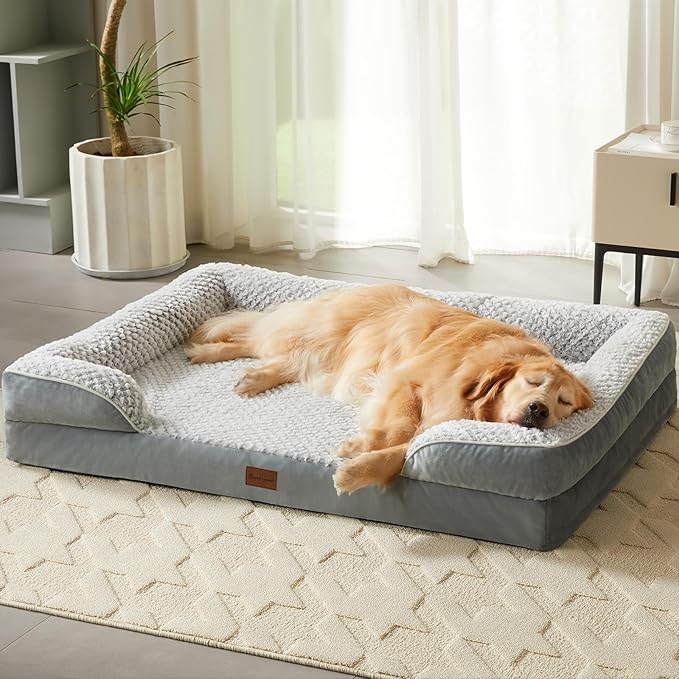 Orthopedic Dog Beds for Large Dogs,42x30 Inch Extra Large Dog Bed, Egg Crate Foam Bed for Large Dogs, Big Pet Bed with Washable Removable Waterproof Pillow Cover and Anti-Slip Bottom, Grey