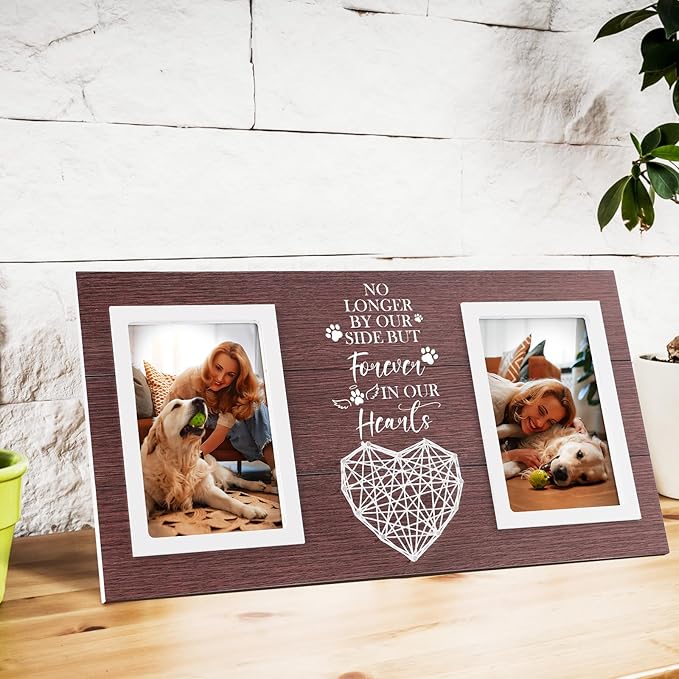 Pet Memorial Gifts for Dogs Cats, Dog Memorial Gifts for Pet Owners Lovers Sympathy Picture Frame in Memory of Dog, Light Brown Pet Remembrance Frame for Double Picture 4×6 IN