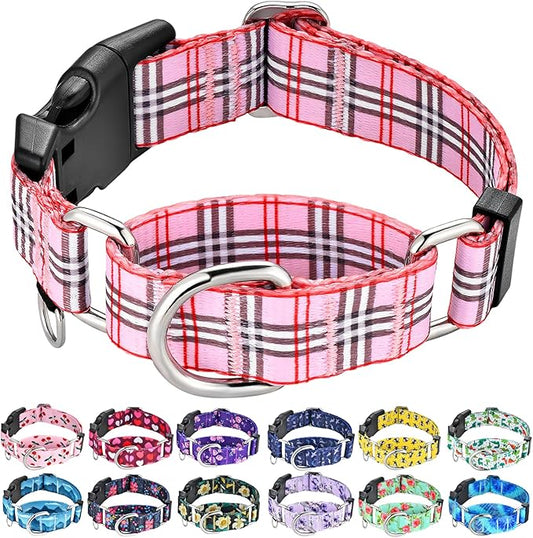 Martingale Collar with Quick Release Buckle Cute Girl Female Training Dog Collars (Pink Plaid, Medium)