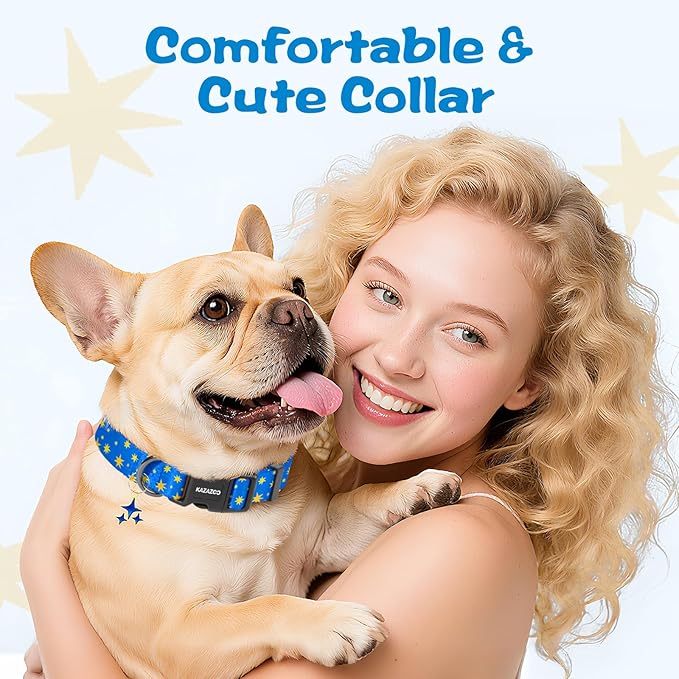 Kazazoo Dog Collar Cute and Soft Nylon Puppy Collar for Boy and Girl, Adjustable Dog Collars for Medium Large Dogs, Blue Sky-L