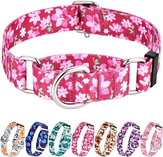 Hikiko Martingale Collar for Female Dogs - Floral Design, No Buckle, Nylon, No Pull, Medium, Japanese Pink