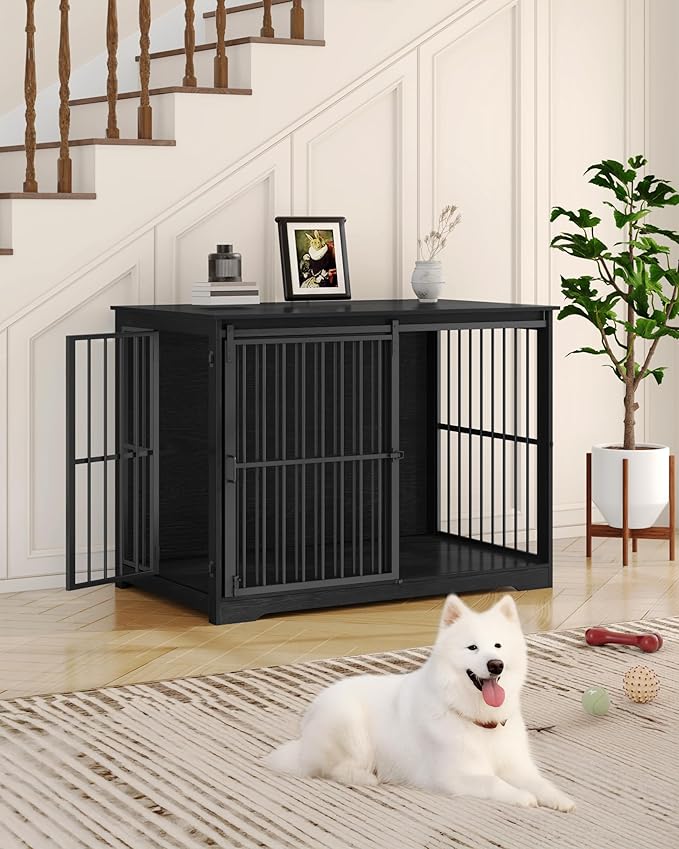 XXL Large Dog Crate Furniture, 46.9" Indoor Dog Kennel Furniture with Barn Door, Wooden Tall Dog Crate, Heavy Duty Dog Cage for Large Dogs, Side End Table, Anti-Chew, Black DFC83804B
