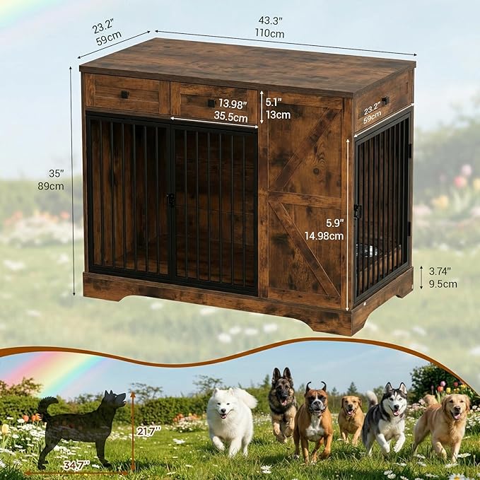 43.3" Dog Crate Furniture with Storage, Large Dog Kennel with 3 Drawers & 2 Feeding Bowls, Indoor Decorative Dog Cage for Large/Medium Dogs, Heavy Duty Dog House