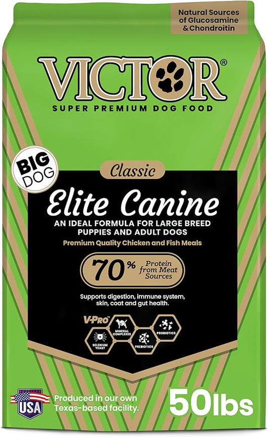 VICTOR Super Premium Dog Food – Elite Canine Dry Dog Food with Chicken & Fish Meal – 25% Protein, 14% Fat, Gluten Free – for Large Breed Dogs & Puppies, 50lbs