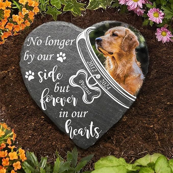 Wrappiness Pet Memorial Stone - Forever in My Heart, Personalized Dog Memorial Gifts, Remembrance Condolences Bereavement Gifts for Loss of Pet Custom Photo (Heart 05, Stone)