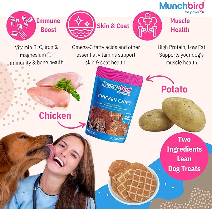 Munchbird Chicken Waffle Chips Dehydrated Lean Treats for Dogs (3.5 OZ, Crunchy Chicken Chips), Great for picky Eaters, Easy to Break up into Smaller Pieces as Food Topper or Training Treats