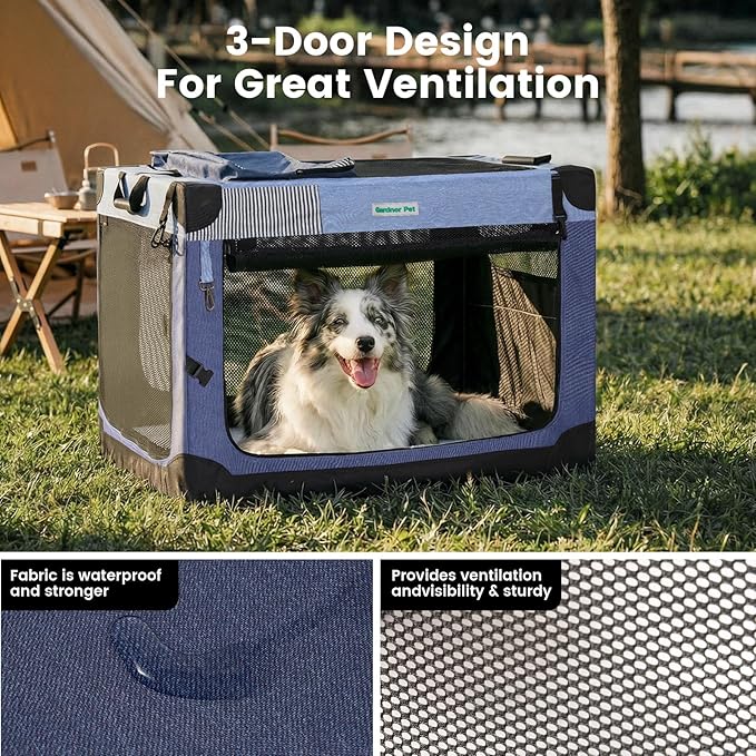 Gardner Pet Soft Collapsible Dog Crate - 30 Inch Portable Travel Dog Crate for Small/Medium Dogs Indoor & Outdoor, 3-Door Pet Crate with Durable Mesh Windows & Storage Bag, Blue