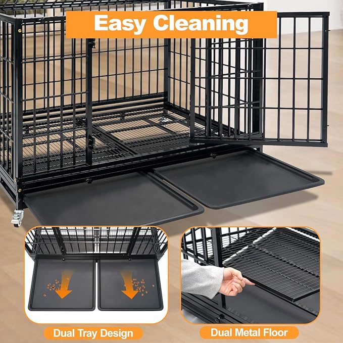 Homey Pet Heavy Duty Dog Crates for Large Dogs, 47 Inch Stackable Large Dog Crate Cage with 4 Wheels, 2 Removable Trays and Grids, 2 Bowls, Multi Locks Strong & Solid Escape Proof Dogs Kennel Indoor