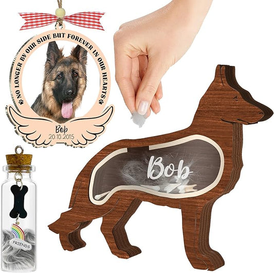 Personalized German Shepherd Ashes Keepsake Box Wooden Pet Fur Gifts Unique Dog Shape Standable Table Decor Memorial Display Box for Small Urns Idea Gift Pet Lover Family Friend Storing Hair Teeth