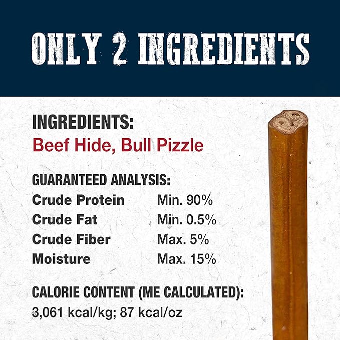 Cadet Bully Hide Sticks for Large Dogs, All-Natural Beef Pizzle, Limited-Ingredient Long-Lasting Dog Chews for Aggressive Chewers, 2 Count (Pack of 2)