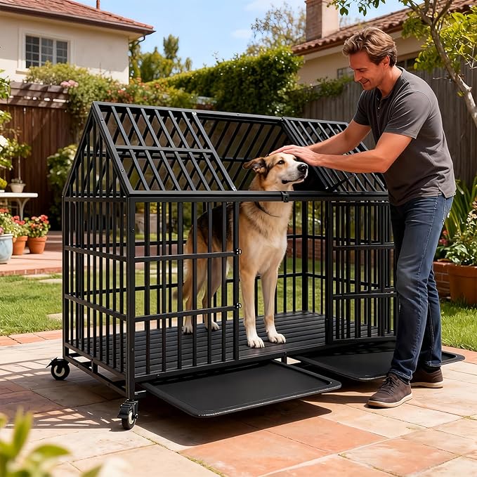 54 inch Indestructible Heavy Duty Dog Crate with 2 Bowls, Escape-Proof Indoor Impact Dog Cage for Large Giant Dogs, High Anxiety Pet Kennel with 2 Trays, 4 Wheels, 4 Locks and Double Door, XL XXL