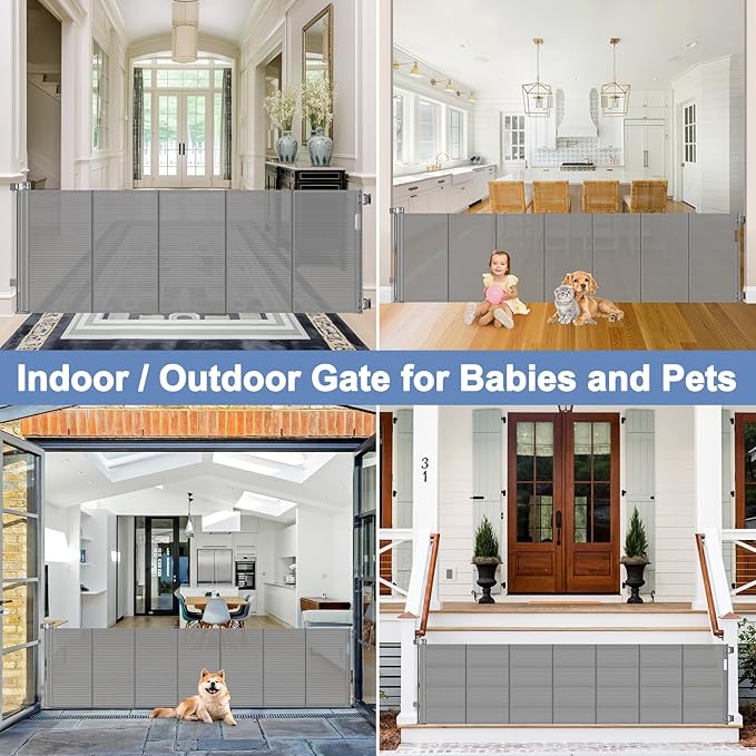 Reinforced 200 Inch Retractable Baby Gate Extra Long Baby Gates for Large Openings Bottom Anti-Crawl 16.7 Ft Outdoor Dog Gates for Doorways Extra Wide Pet Gate Indoor Large Dog Gate Indoor, Gray