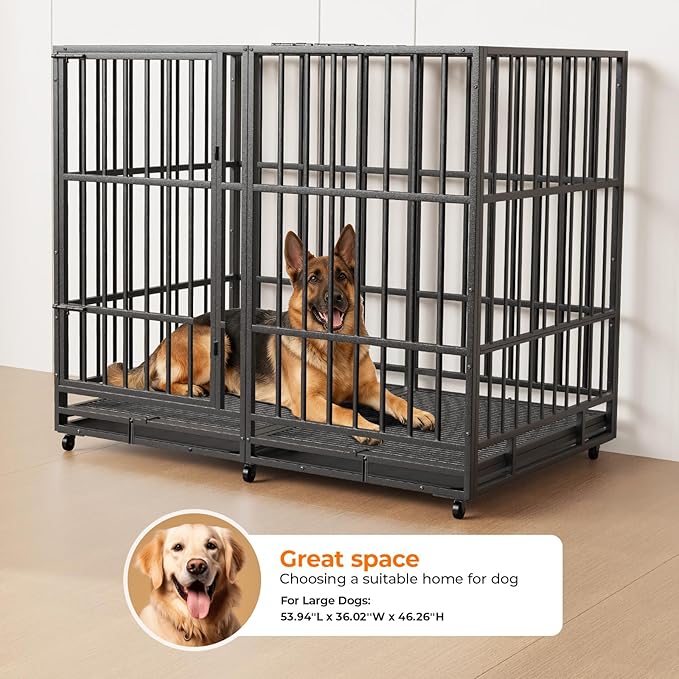 54 inch Heavy Duty Dog Crate with Dual Doors and Lockable Wheels, Large Dog Kennel Indoor, Removable Tray for Easy Cleaning, Dog Cage for Medium to Large Breeds and Anxious Dogs