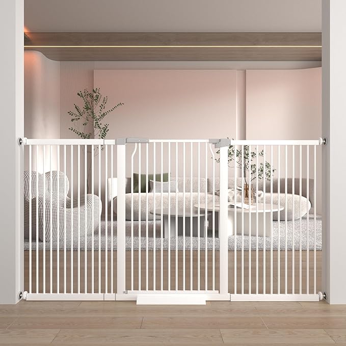 41" Extra Tall Baby Gate for Doorways and Stairs No Drill, Adjustable 72.3-76.7" Auto Close Dog Gate Indoor, Pressure Mounted Walk Through Swing Wide Pet Gate, Tall Cat Gate with Expansion Kit, White