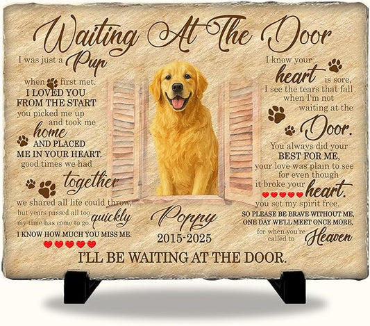 Pet Loss Memorial Stone Gift | Waiting at The Door Grave Marker for Dogs or Cats | Personalized Photo Remembrance Gift for Pet Owners | Animal Memorial Stones Dog