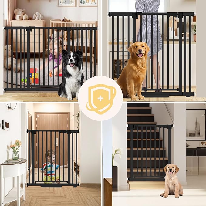30"-62.5" Extra Wide Baby Gate for Doorways/Hallways,Pressure-Mounted Dog Gate Indoor for Stairs, Auto Close Pet Door for Child/pet Proof Safety, No Need Drilling,Black