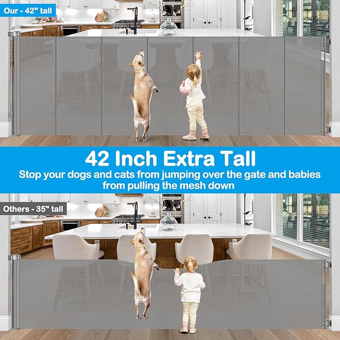 Reinforced 42" Extra Tall X 120" Extra Wide Retractable Dog Gate for Doorways Wide Pet Gate Indoor Prevent Kid/Pet Jumping Over Tall Retractable Baby Gates for Dogs Outdoor Dog Gates for Doorways,Gray