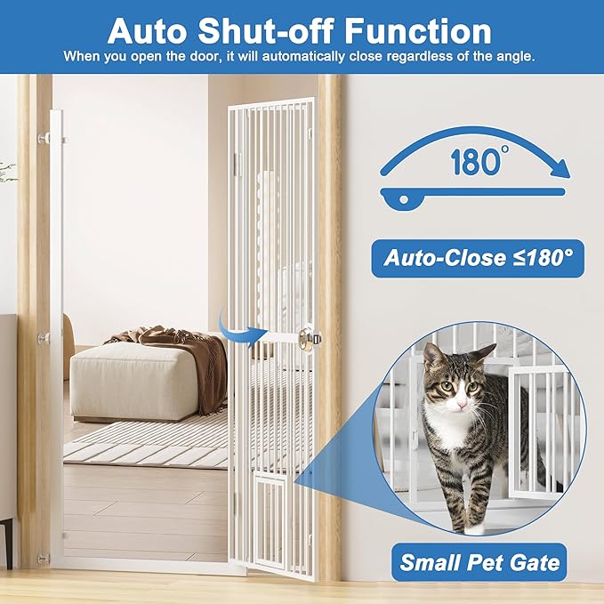 61" Extra Tall Cat Gate for Doorway, 34.3"-36.7" Adjustable Wide Dog Door with Cat Door, 1.37" Gap for Pet Gates, Suitable for Doorways or Kitchen, No Drilling Pressure Mount Kit, White