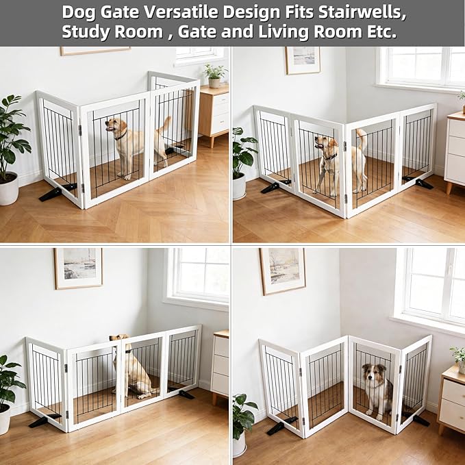 ZJSF Freestanding Dog Gate Indoor, Foldable Dog Fence for Doorways,Hallways or Stairs, Sturdy Wood Extra Wide Pet Gate with Support Feet,White,32 "Height-4 Panels
