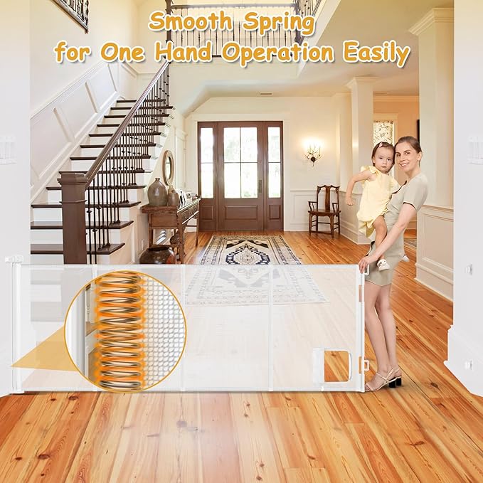 Reinforced 120” Extra Wide Baby Gate with Cat Door 33 Inch Tall Outdoor Pet Gates for Wide Openings 10 Ft Reinforced Retractable Dog Gates for Doorways Retractable Pet Gate Indoor with Cat Door, White