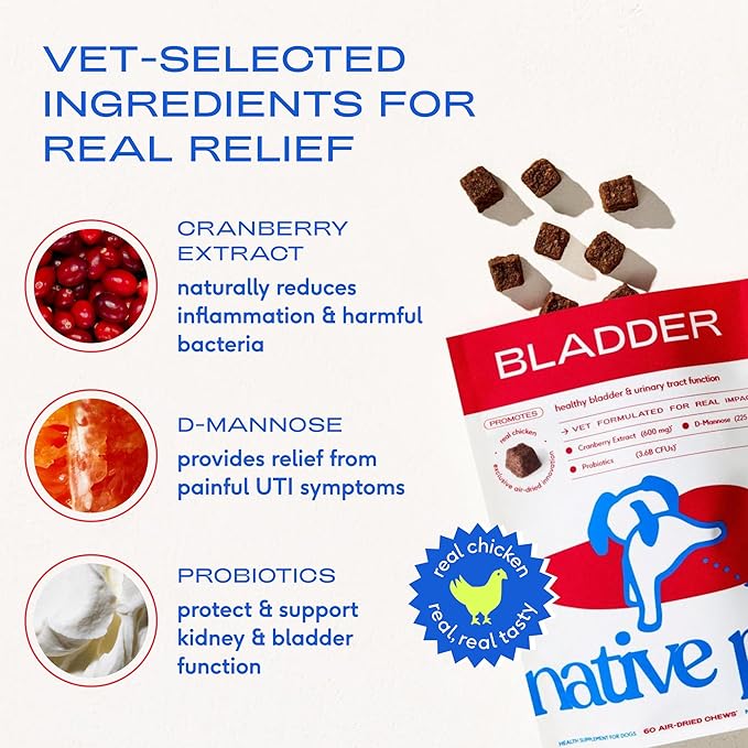 Native Pet Dog UTI Treatment - Cranberry Supplement for Dogs - Supports Normal Bladder Function, Urinary Tract & Kidney Health - Real Cranberry Extract, D-Mannose & Probiotics - Air-Dried - 120 Chews