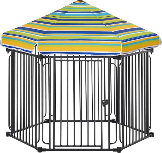 PawHut 48" x 41" Heavy-Duty Metal Dog Playpen, Outdoor Pet Cage Kennel, Puppy Exercise Fence Barrier with Weather-Resistant Polyester Roof, Locking Door, & Metal Frame