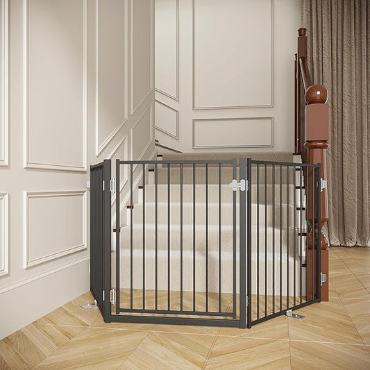 No Pawblems Free Standing Dog Gate with Door, 30'' Tall Foldable Dog Fence for Indoor & Outdoor, Up to 78 Inch Extra Wide Puppy Gate for Stairs, Hallways, Doorways, Deck, Yard (Black, 3 Panels)